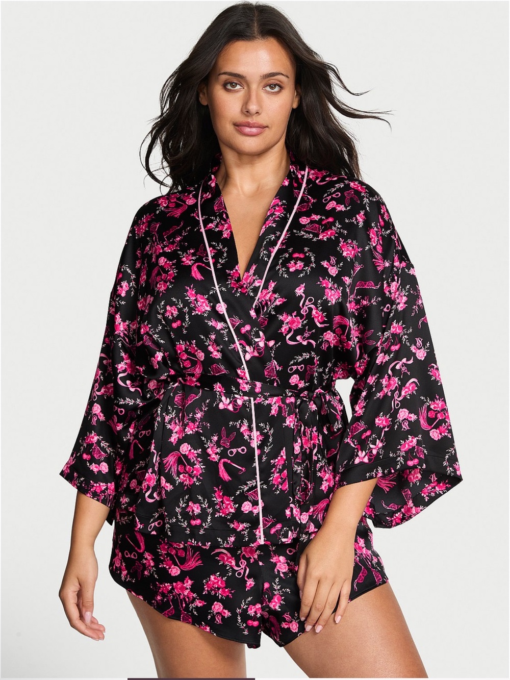 Victoria's Secret Black & Pink Blossom Satin Signature Mini Robe